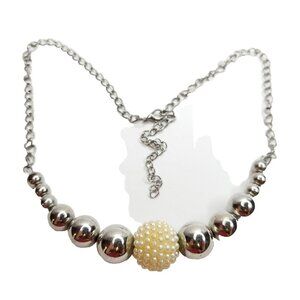Vintage Cream Pearlescent Statement Necklace Silver Tone Round Beaded 20"